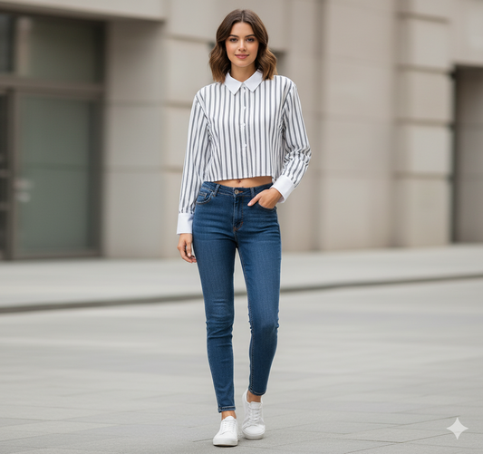 Contrast Collar Bengal Stripe Cropped Shirt