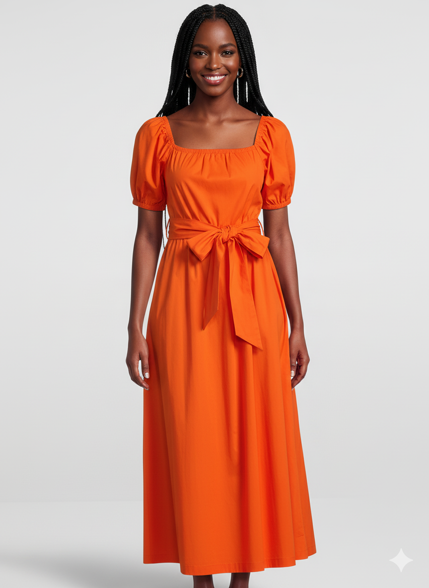 Orange Poplin Belted Dress