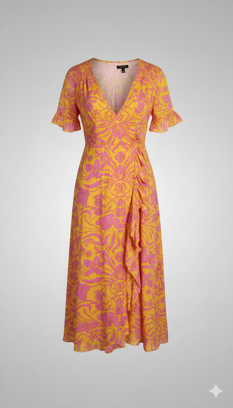 Mustard Pink Flower Mock Wrap Dress