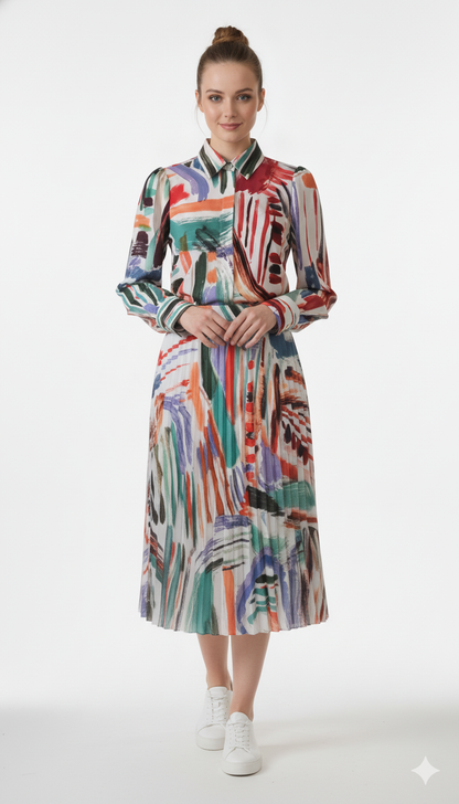 Abstract Print Shirt and Midi Pleated Skirt Set