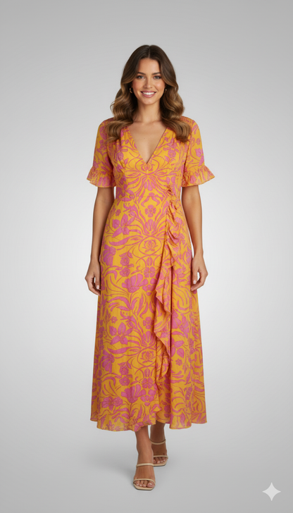Mustard Pink Flower Mock Wrap Dress