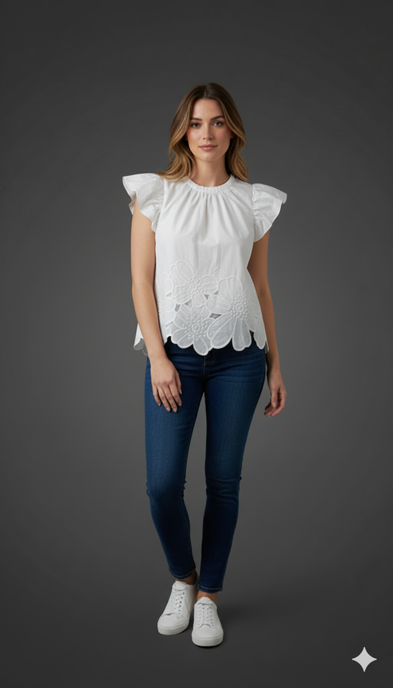 Bold Leaf Lace Border Top Cream