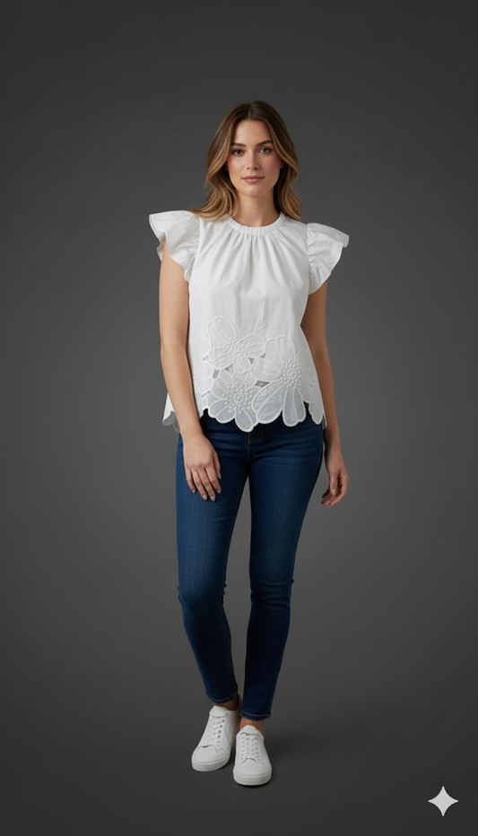 Bold Leaf Lace Border Top Cream