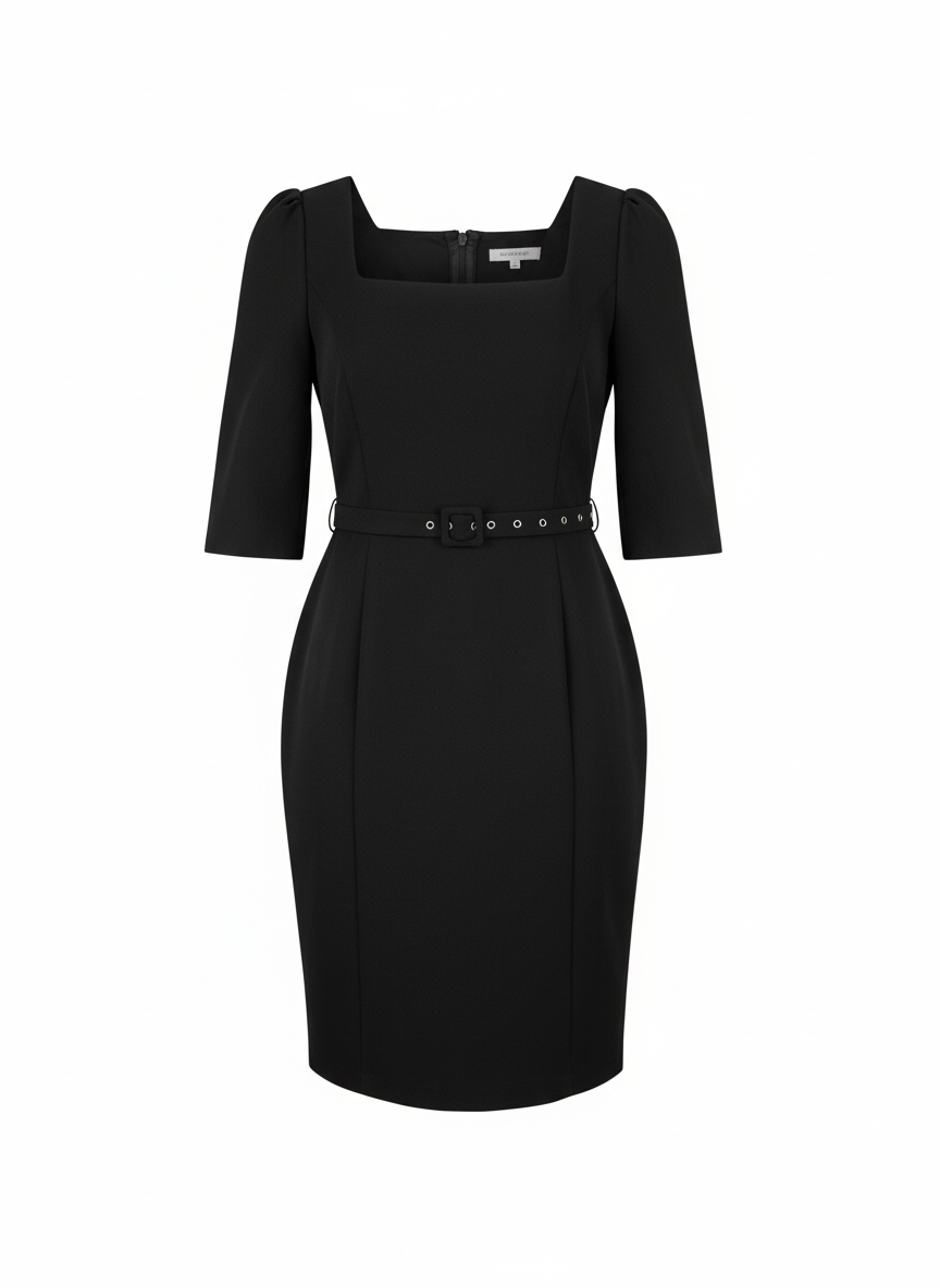 Square Neck Belted Midi Dress Black