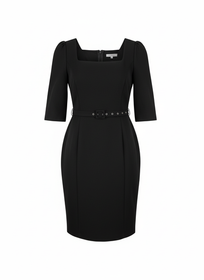 Square Neck Belted Midi Dress Black