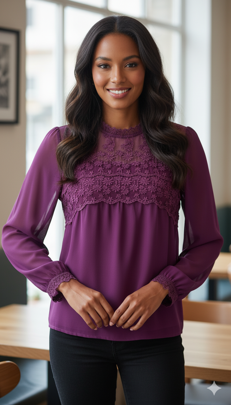 Lace Yolk Highneck Top Purple