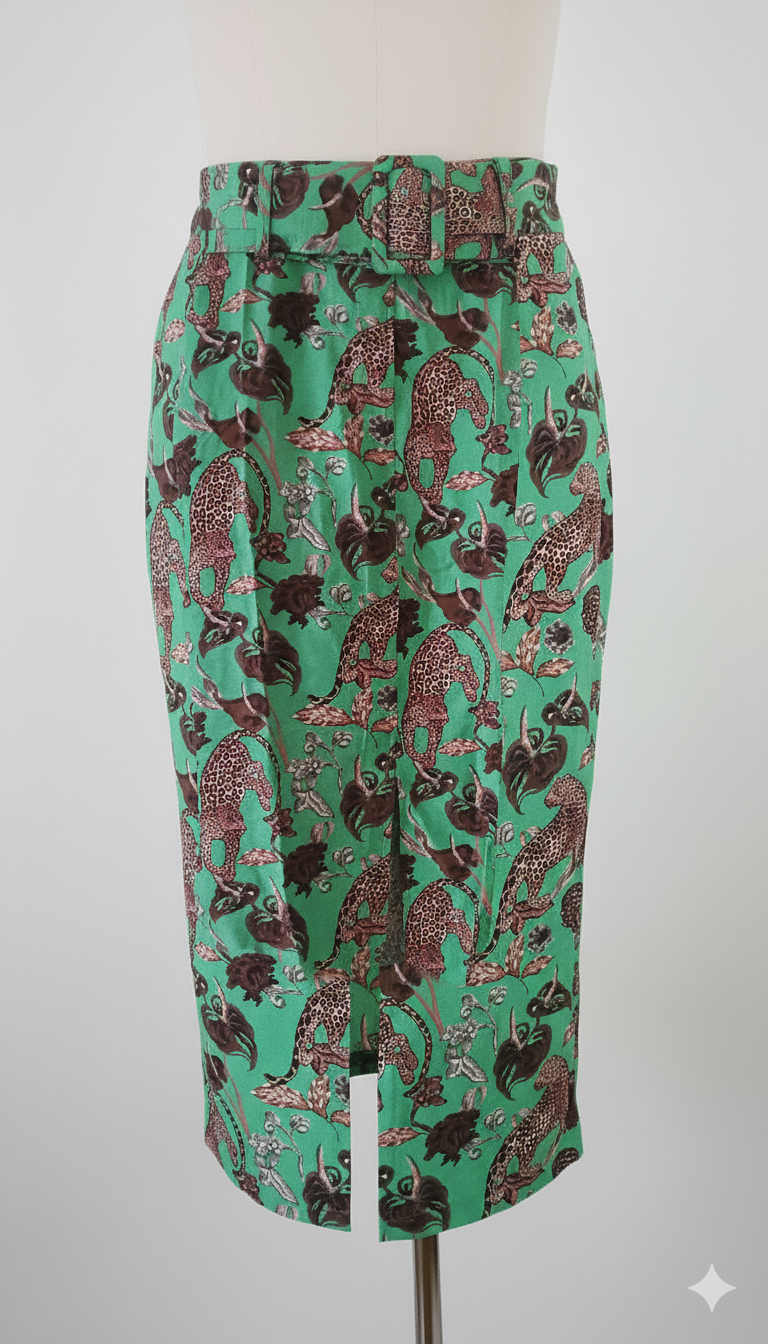 Green Tiger Print Belted Midi Skirt