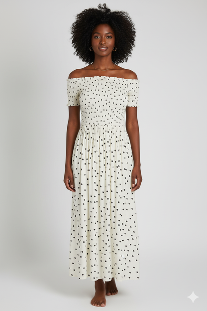Polka Dot Shirred Midi Dress