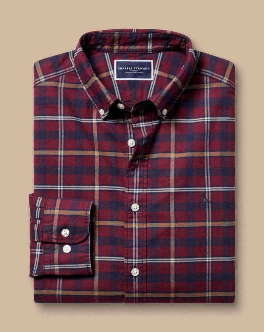 Button-Down Collar Brushed Washed Oxford Check Classic Fit Shirt - Dark Red