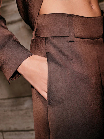 Chocolate Brown Satin Elastic Back Wide Leg Trousers
