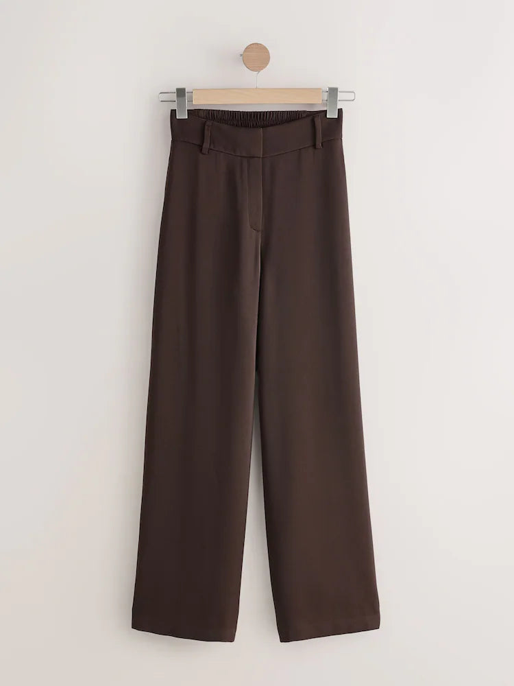 Chocolate Brown Satin Elastic Back Wide Leg Trousers