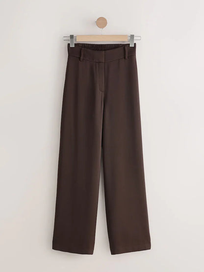 Chocolate Brown Satin Elastic Back Wide Leg Trousers