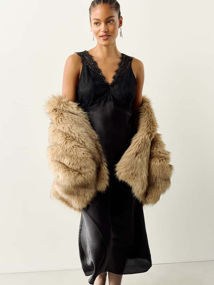 Black Lace V- Neck Satin Midi Dress