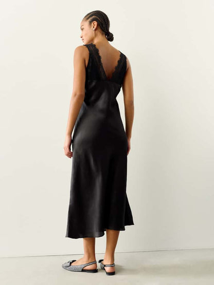 Black Lace V- Neck Satin Midi Dress