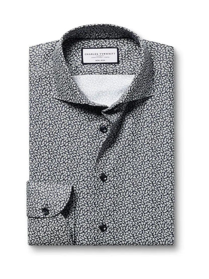 Non-Iron Stretch Leaf Print Extra Slim Fit Shirt - Ink Blue