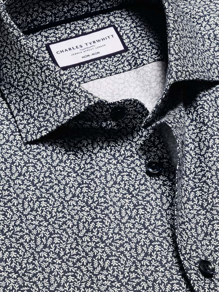 Non-Iron Stretch Leaf Print Extra Slim Fit Shirt - Ink Blue