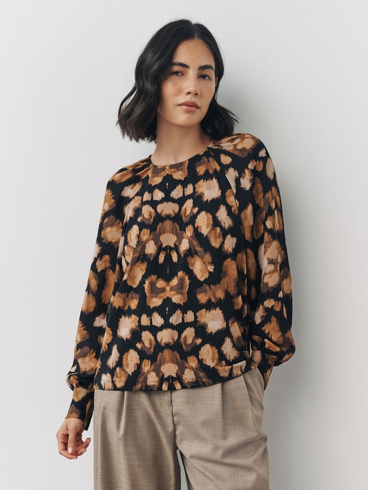 Animal Print Long Sleeve Crew Neck Blouse