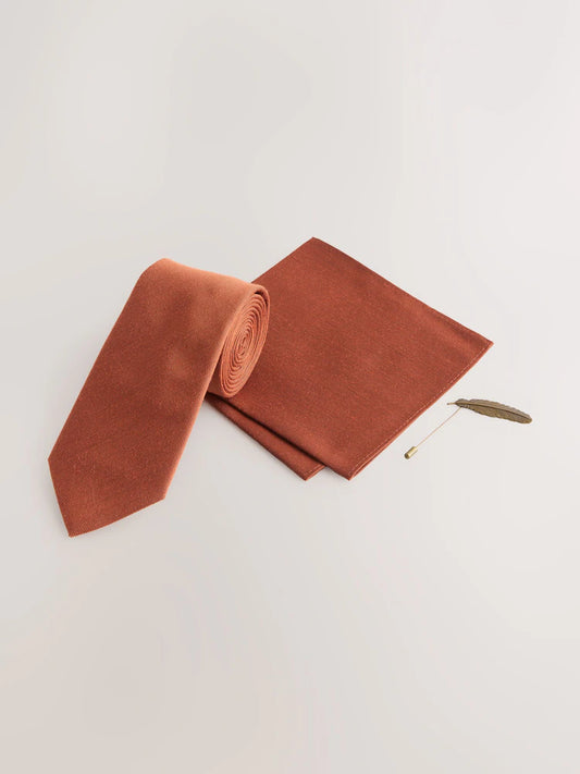 Rust Brown Tie, Pocket Square & Metal Pin Set