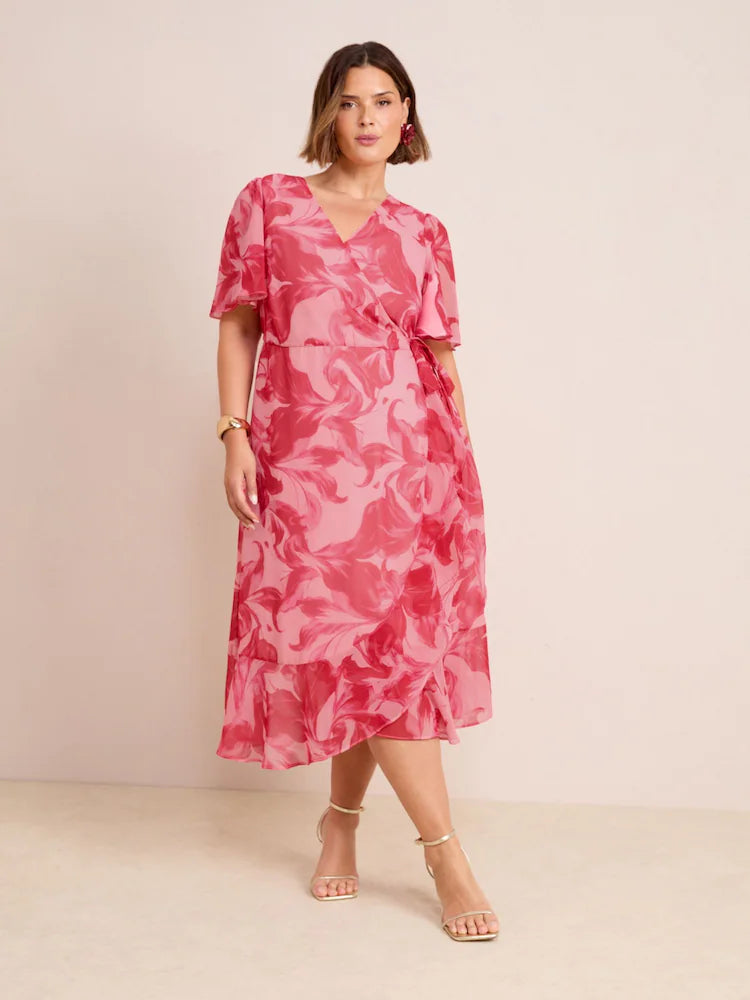Friends Like These Pink Floral Curve Chiffon Mix Flutter Sleeve Wrap Dress