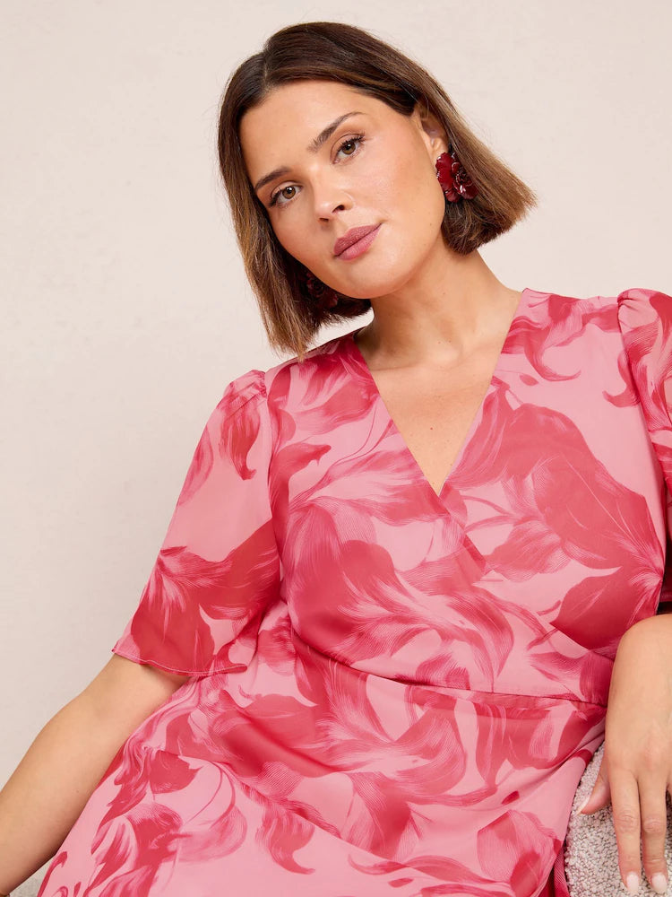 Friends Like These Pink Floral Curve Chiffon Mix Flutter Sleeve Wrap Dress