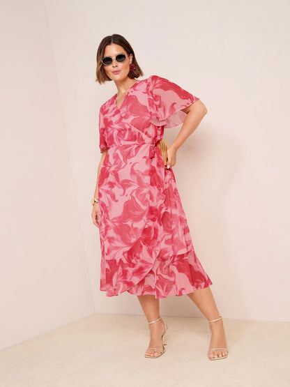 Friends Like These Pink Floral Curve Chiffon Mix Flutter Sleeve Wrap Dress