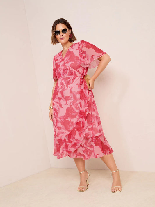 Friends Like These Pink Floral Curve Chiffon Mix Flutter Sleeve Wrap Dress