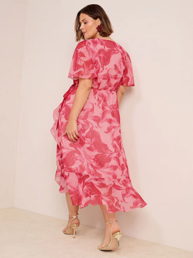 Friends Like These Pink Floral Curve Chiffon Mix Flutter Sleeve Wrap Dress