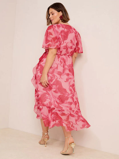 Friends Like These Pink Floral Curve Chiffon Mix Flutter Sleeve Wrap Dress