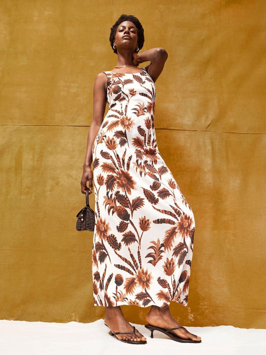 Brown Petite Trophical Floral Print Linen Blend Dress