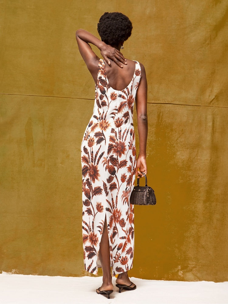 Brown Petite Trophical Floral Print Linen Blend Dress