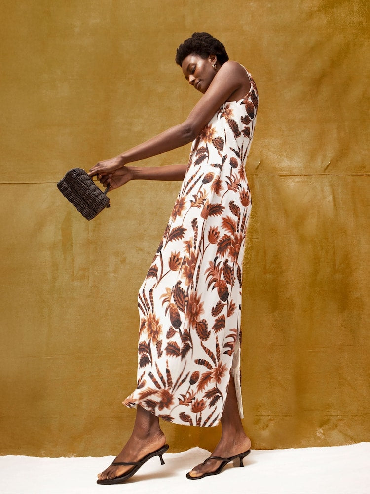 Brown Petite Trophical Floral Print Linen Blend Dress