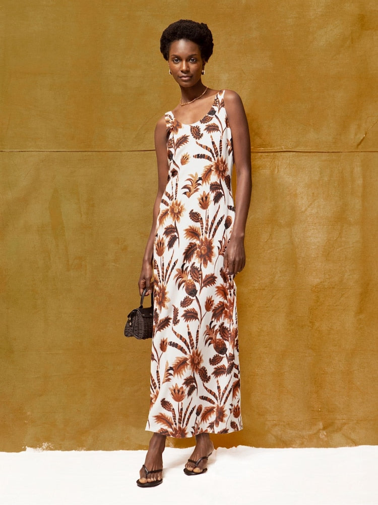 Brown Petite Trophical Floral Print Linen Blend Dress