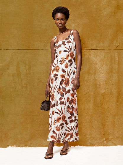 Brown Petite Trophical Floral Print Linen Blend Dress