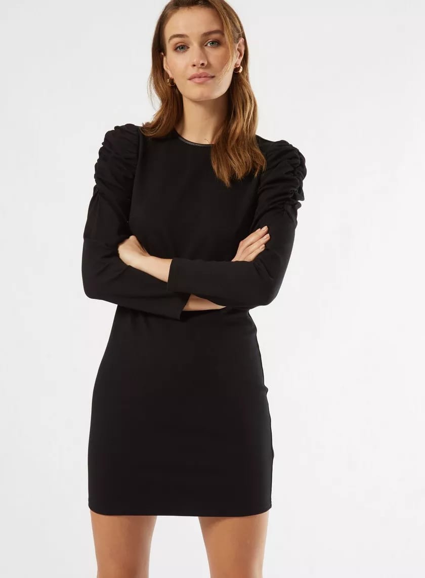 Black Ruched Sleeve Shift Dress