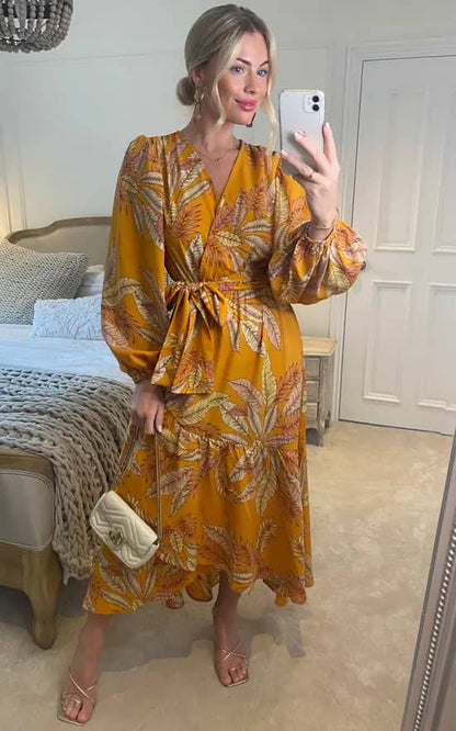 Mustard Print Wrap Dress