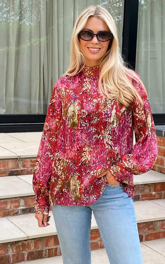 Red Gold Print High Neck Chiffon Blouse