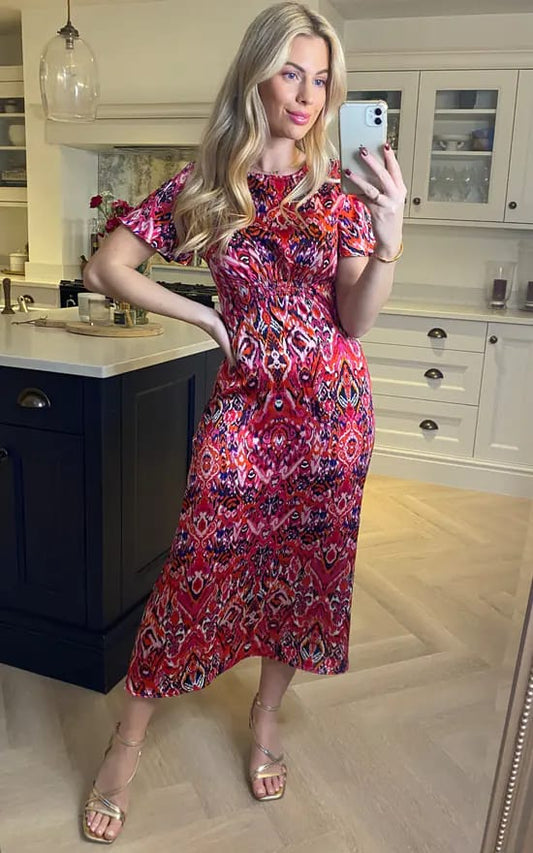 Butterfly Sleeve Tea Dress With Elastic Waist Detail In Pink