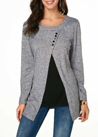 Grey Round Neck Split Hem Top