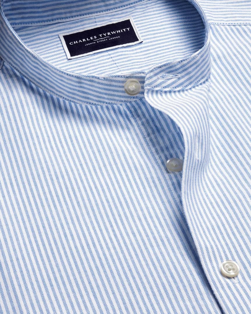 Collarless Stretch Washed Oxford Stripe Slim Fit Shirt