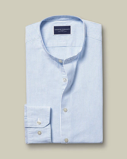 Collarless Stretch Washed Oxford Stripe Slim Fit Shirt