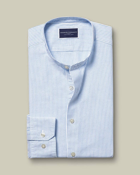 Collarless Stretch Washed Oxford Stripe Classic Fit Shirt