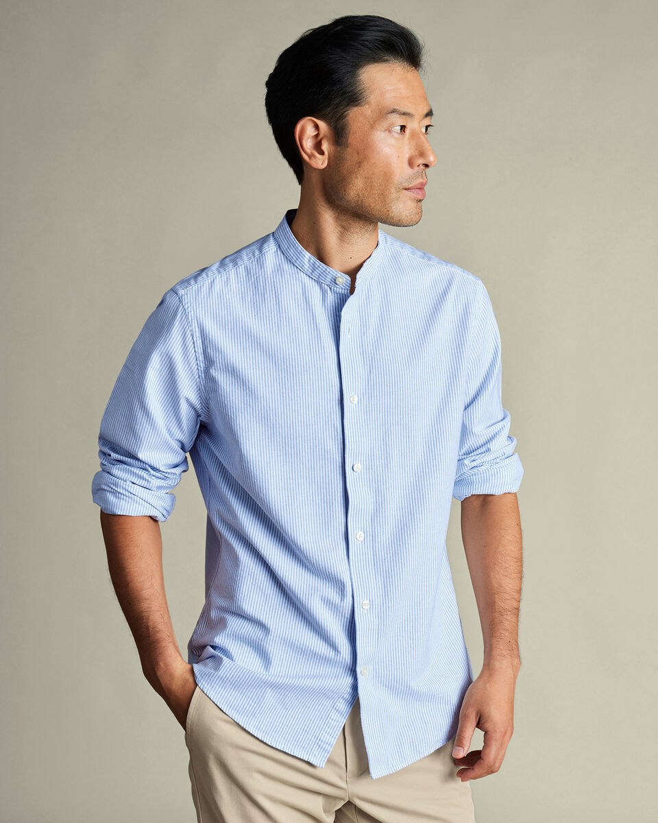 Collarless Stretch Washed Oxford Stripe Slim Fit Shirt