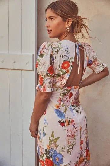 Floral Puff Sleeve Underbust Split Midi Dress