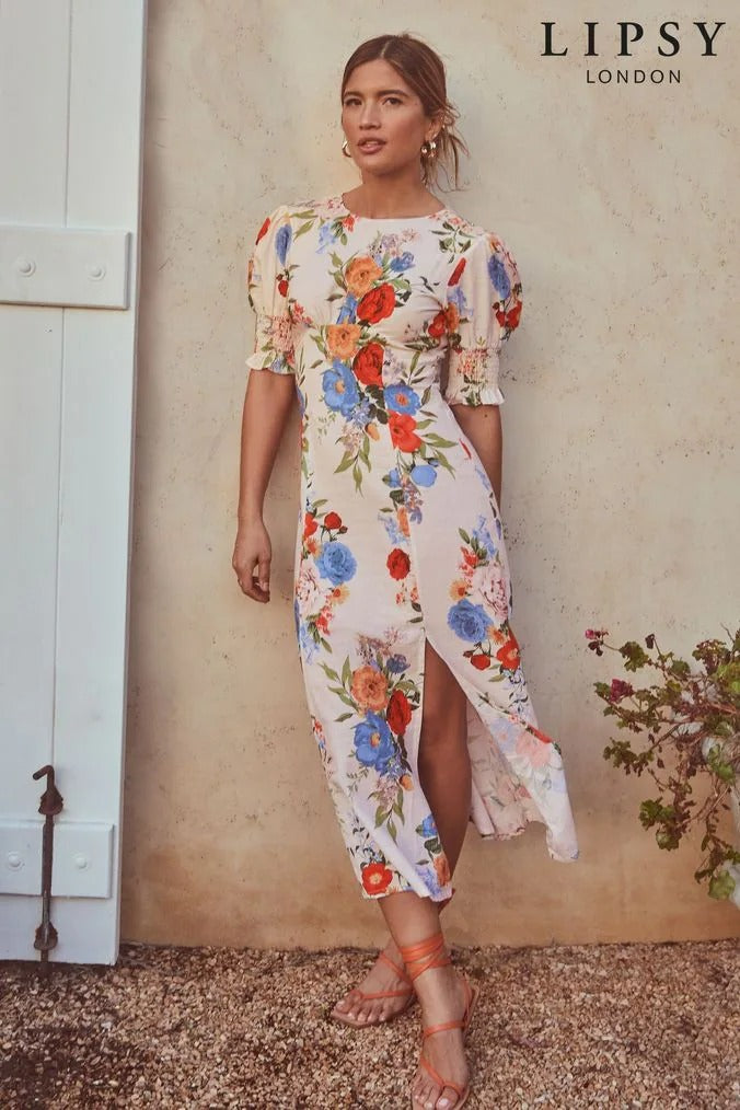 Floral Puff Sleeve Underbust Split Midi Dress