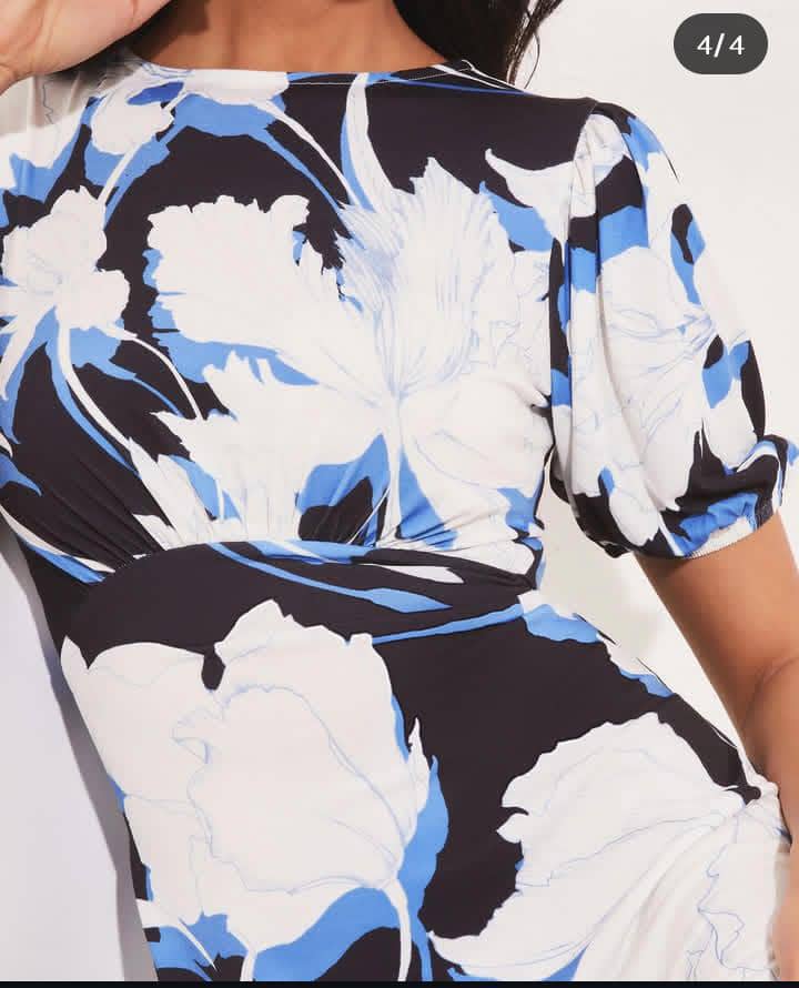 Lela Abstract Blue Underbust Puff Sleeve Dress