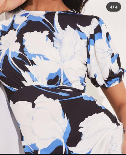 Lela Abstract Blue Underbust Puff Sleeve Dress
