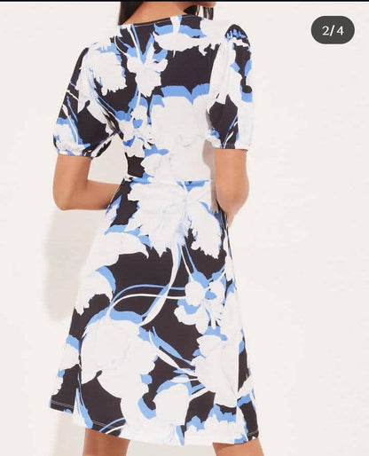 Lela Abstract Blue Underbust Puff Sleeve Dress
