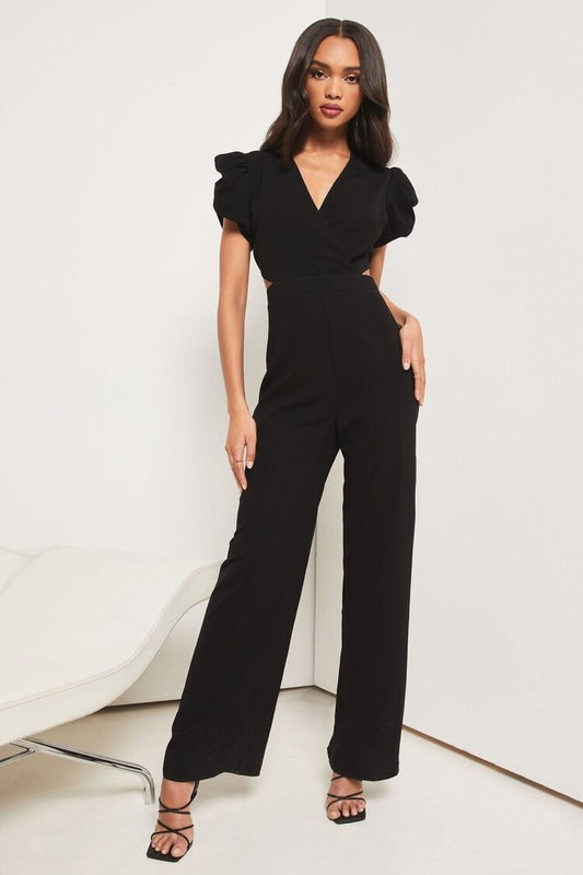 Black Summer Puff Sleeve Cut Out Jumpsuit