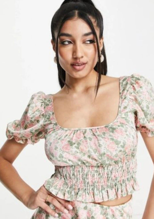 Satin Shirred Tea Top Co-Ord In Rose Print-Multi