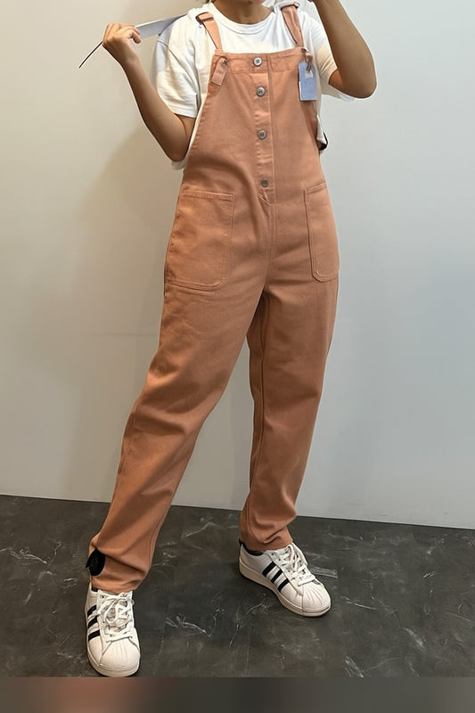 Peach Button-Front Dungaree Jumpsuit